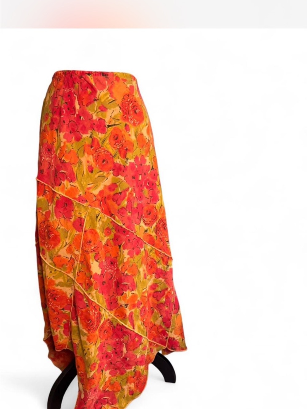 Vintage 100% linen Floral asymmetrical Maxi Skirt in Orange pink and green